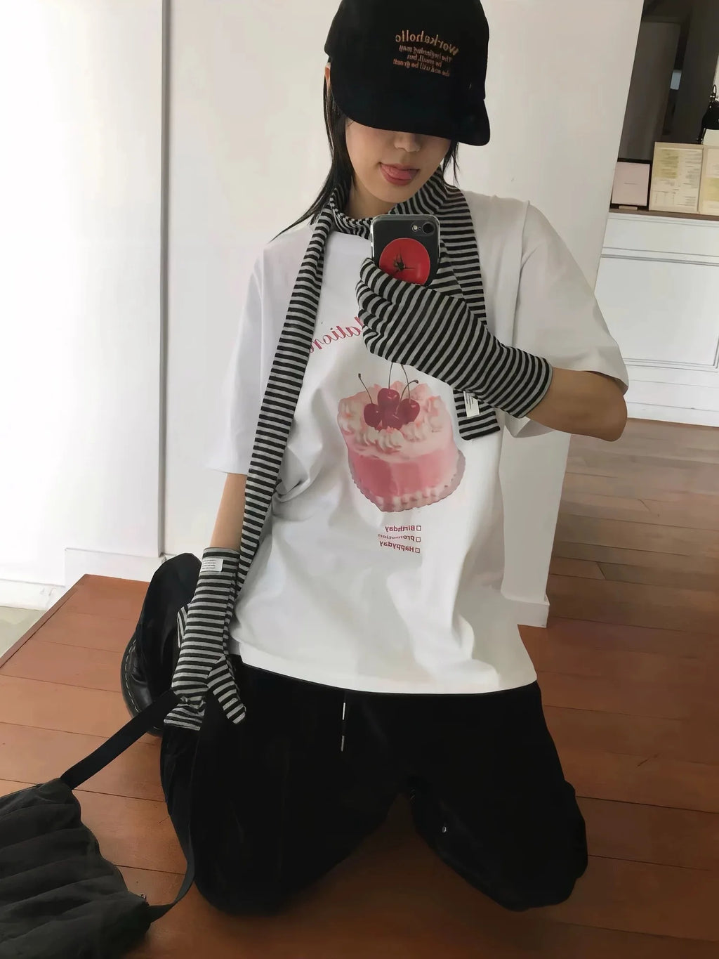 [RE-CON] Camiseta informal de manga corta con estampado de pastel de crema de cereza dulce y linda, versión coreana, 100% algodón