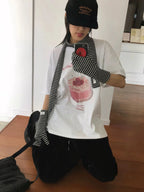 [RE-CON] Camiseta informal de manga corta con estampado de pastel de crema de cereza dulce y linda, versión coreana, 100% algodón