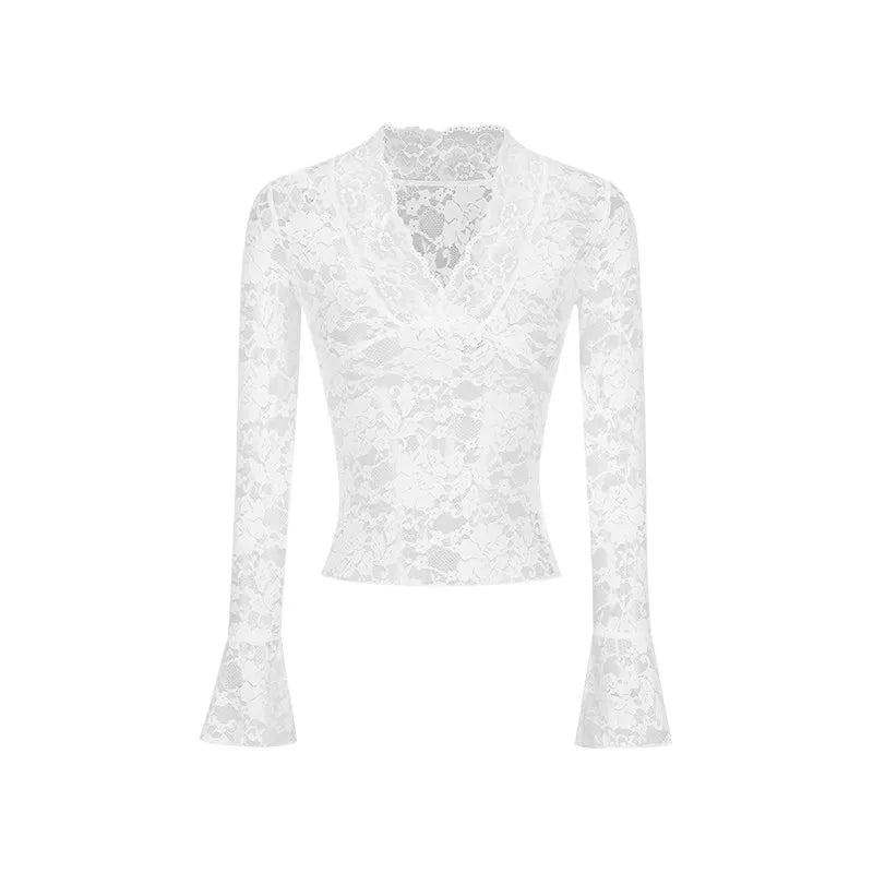 Lace Long Sleeve Plunge V-neck Bell-Sleeve Sheer Lace Crop Shirt