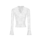 Lace Long Sleeve Plunge V-neck Bell-Sleeve Sheer Lace Crop Shirt