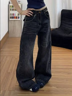 washed button design straight leg loose jeans
