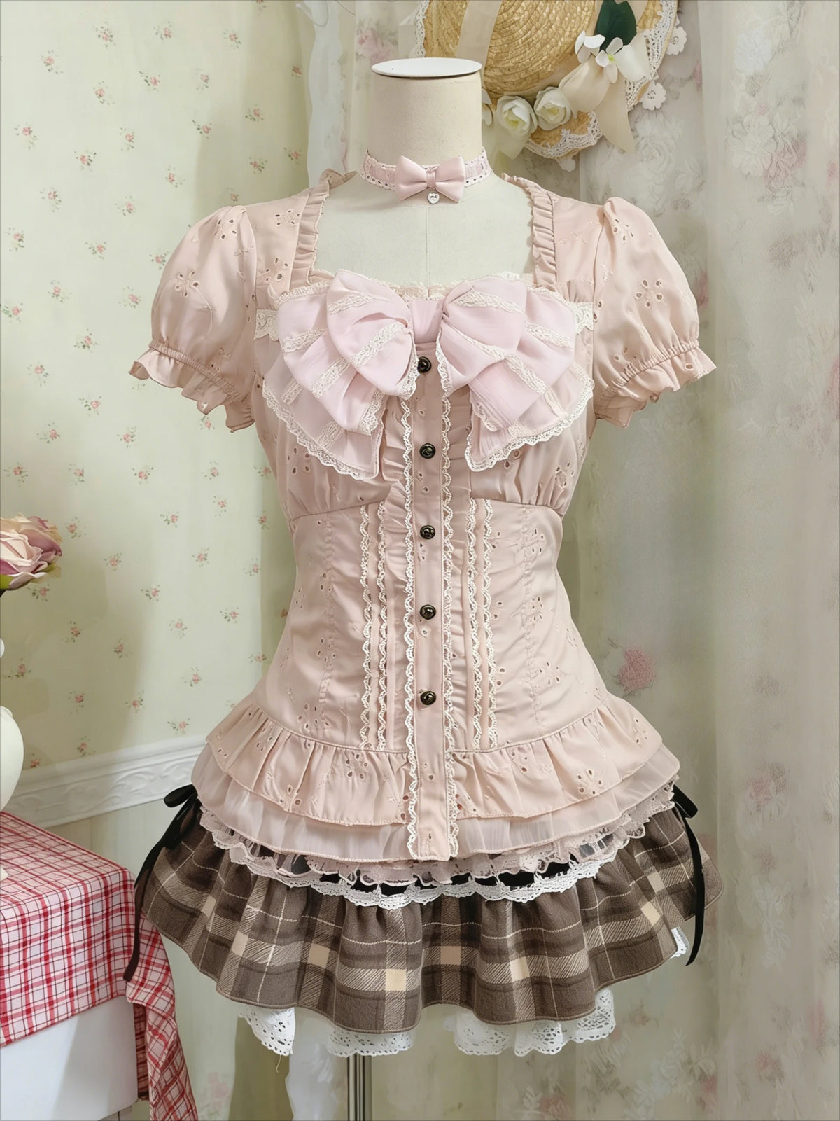 Lace Bow Blouse + Cami Top + Plaid Ruffle Mini Skirt Set