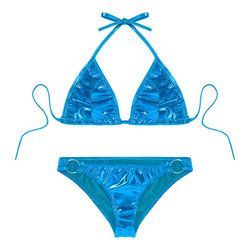 Traje de baño bikini metálico brillante para mujer, fiesta en la piscina, traje de baño, sujetador halter con cordones y bragas con aros, traje de baño bikini