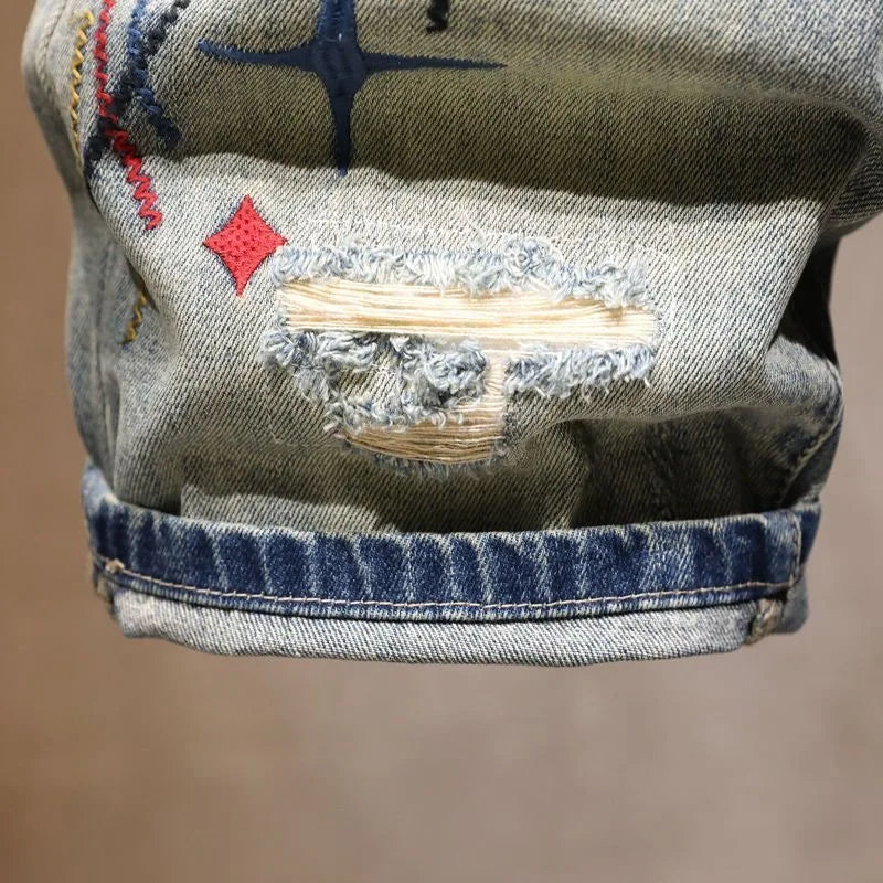 Printed Straight-Leg Stretch Sports Denim Shorts