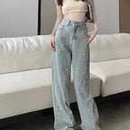 Jeans de mujer de cintura alta rectos azules con perlas bordadas, pantalones vaqueros de primavera otoño, diseño chic de ropa urbana, jeans holgados para mujer, ropa de mujer