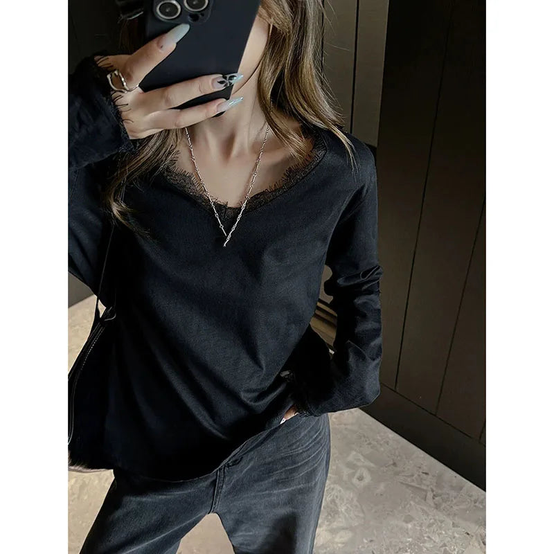 Camiseta Holgada de Talla Grande para Mujer, Negra, Blanca, Otoño, Encaje Suave, Cuello en V, Camiseta Coreana Urbana de Manga Larga, Jersey