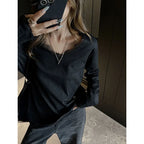 Camiseta Holgada de Talla Grande para Mujer, Negra, Blanca, Otoño, Encaje Suave, Cuello en V, Camiseta Coreana Urbana de Manga Larga, Jersey