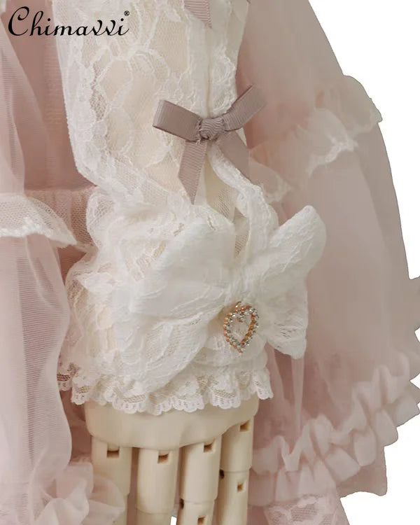 Heavy Patchwork Sleeve Tie Lace Bow Shirt