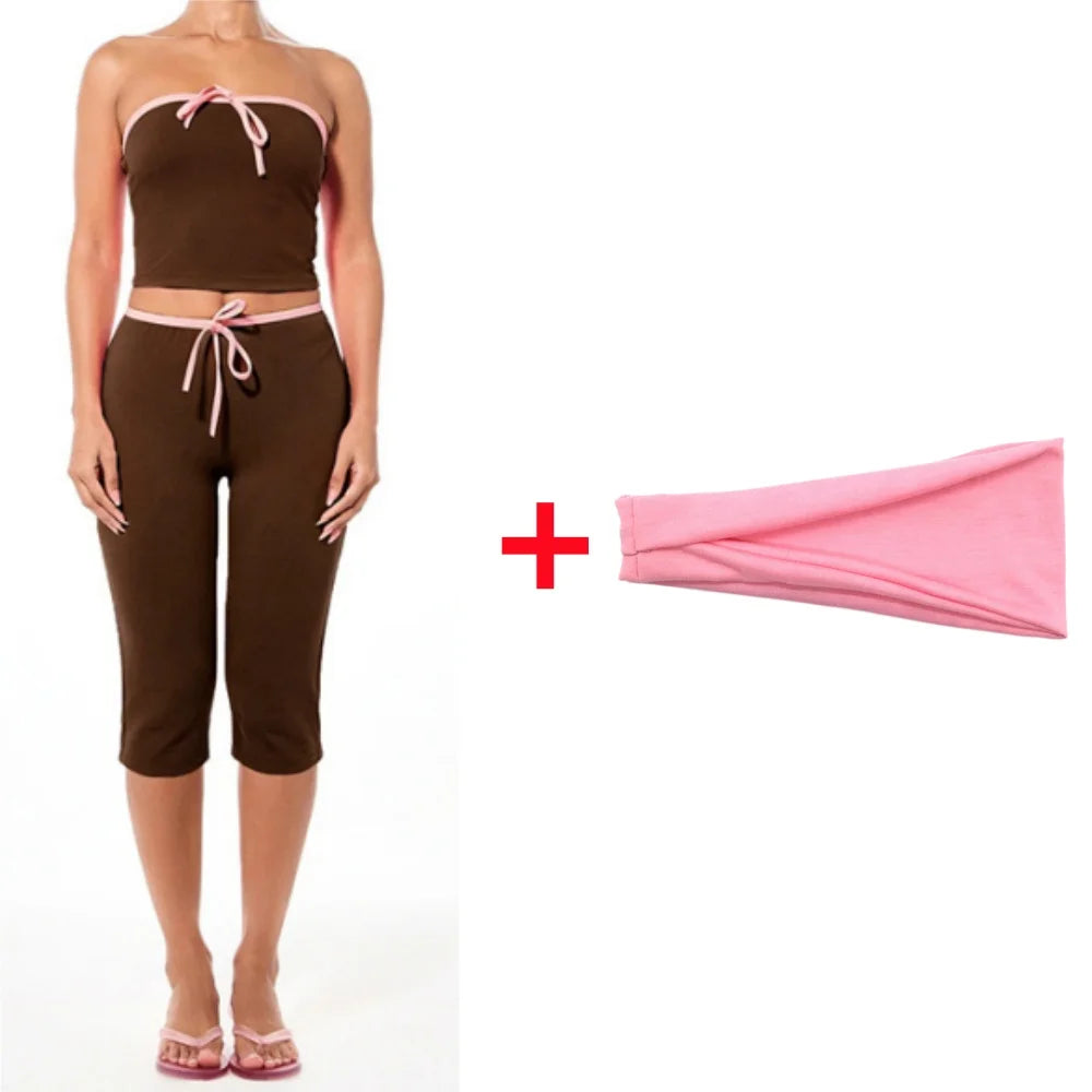 Patchwork Lace-up Shorts Two Piece Set