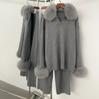 Chaqueta de piel Reality Jersey, cuello de piel de zorro real, otoño invierno, traje de jersey para mujer, jerséis de piel de mapache, conjunto de pantalones para mujer