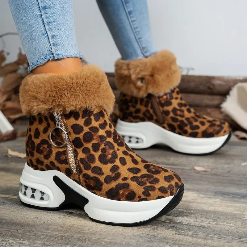 Thick-soled Leopard Print Frosted Zipper Cotton Boots