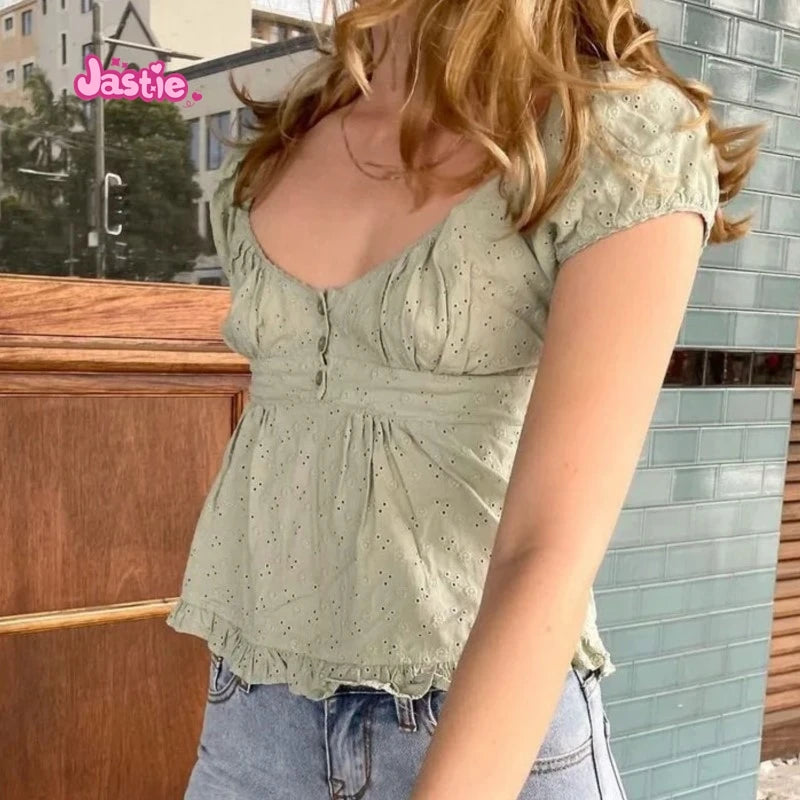 Camiseta Delgada de Cuadros Verdes Vintage para Mujer, Verano, Dulce, con Ribete de Encaje, Manga Corta, Algodón, Tops Casuales Retro Elegantes, Top Corto con Volantes
