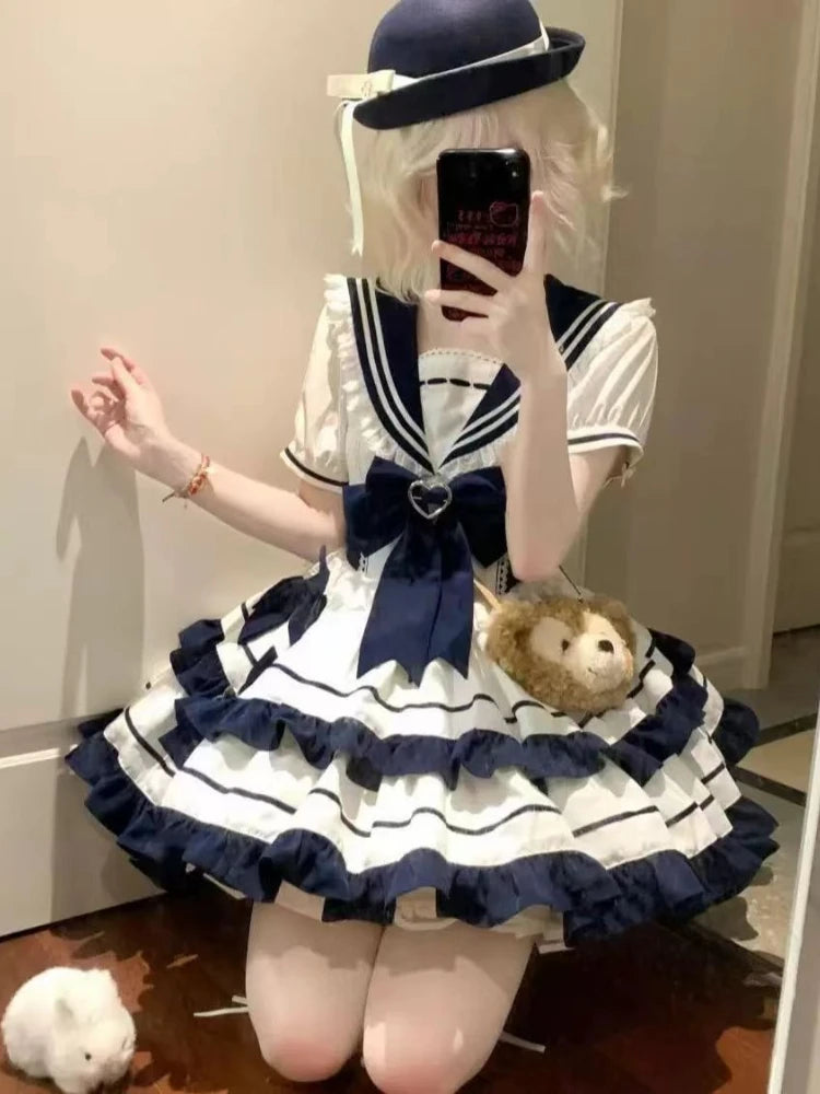 Dulce y adorable conjunto de falda marinera de manga corta con cuello, estilo lolita japonesa kawaii, con lazo de encaje y vestido de fiesta de princesa con cuello marinero.