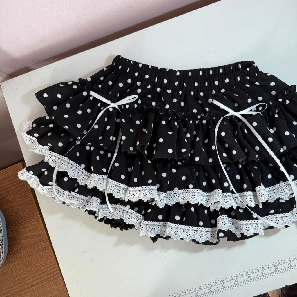 Falda de Volantes Escalona y Encaje con Lunares