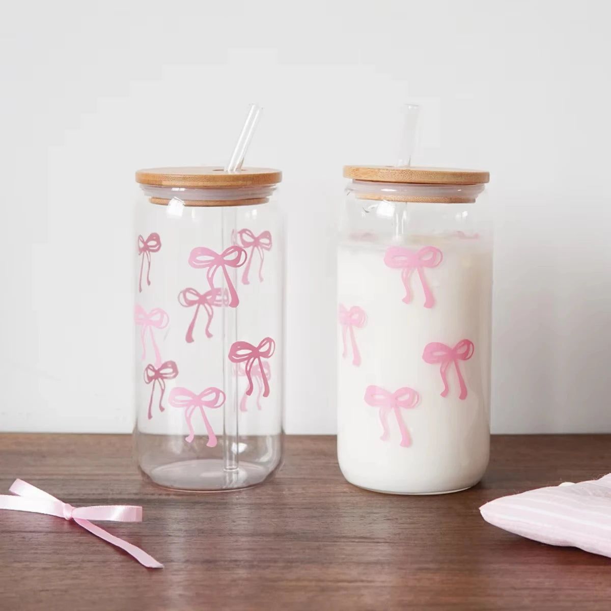 1/2pcs Pink Bow Glass Cup with Bamboo Wood Lid and Straw