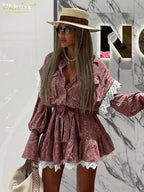 Clacive Vestido holgado con estampado para mujer, elegante vestido de oficina de manga larga con cordones, vestidos casuales con encaje fruncido para mujer