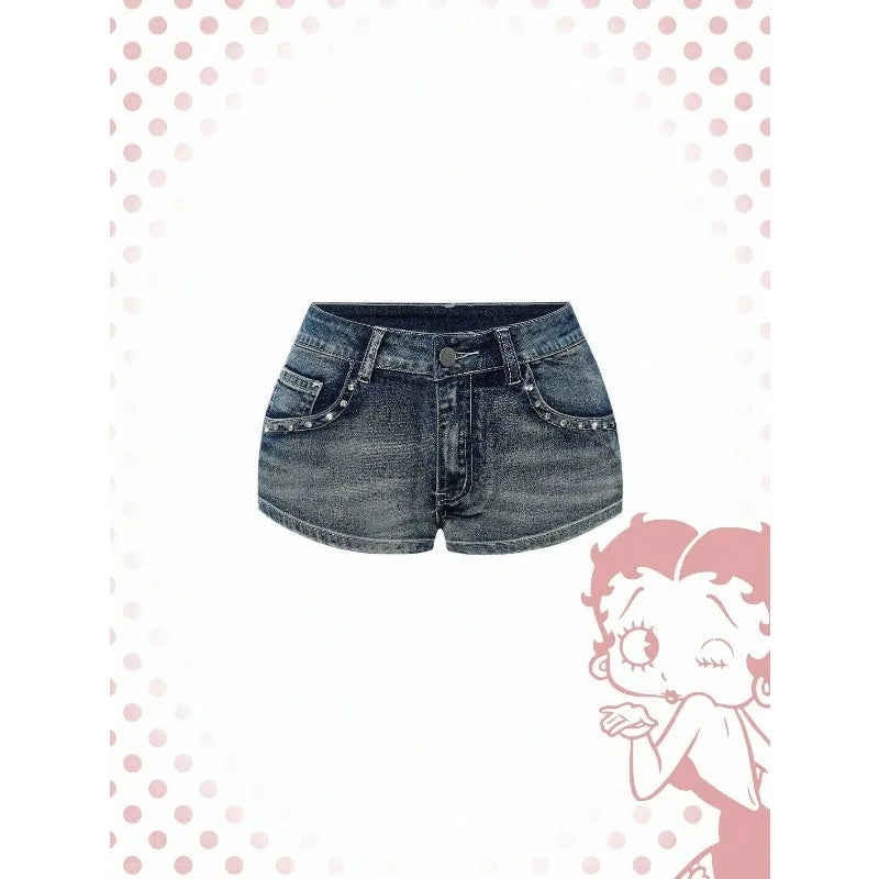 Pantalones cortos vaqueros azules para mujer, estilo Y2K, Harajuku, vintage americano, talle alto, estilo Jorts, jeans casuales de los años 2000, bordados, ropa sexy de verano