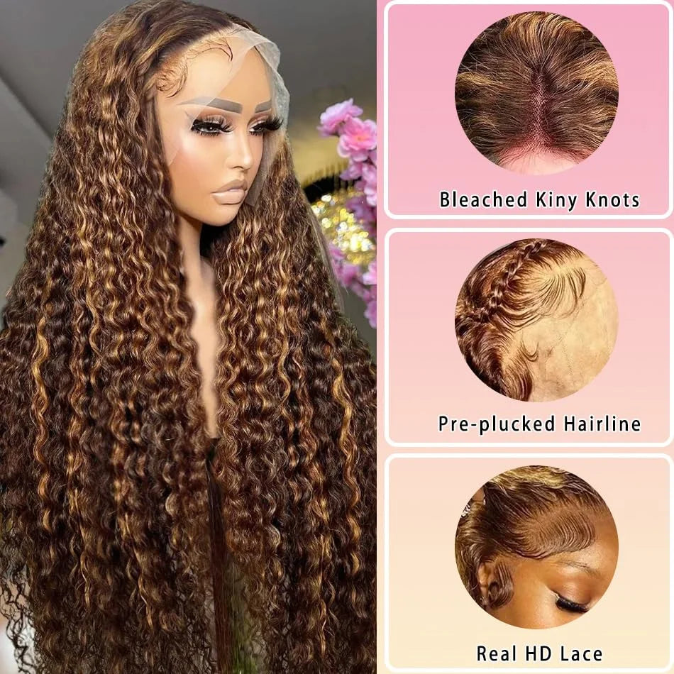Honey Blonde Curly Wigs 13x6 Glueless Highlight Wig Human Hair Ready To Wear Ombre Colored Brazilian Deep Wave Human Hair Wig