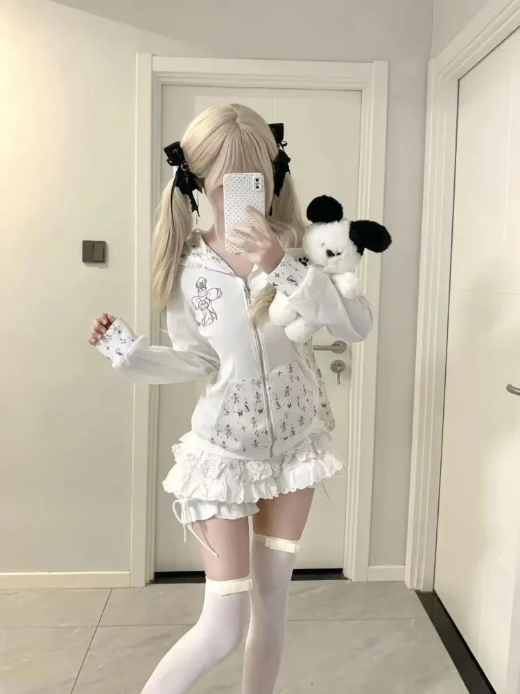 Rabbit Ear Hooded Lace Long Sleeve Sweatshirts Jacket + High Waist Cake Skirt