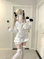 Rabbit Ear Hooded Lace Long Sleeve Sweatshirts Jacket + High Waist Cake Skirt