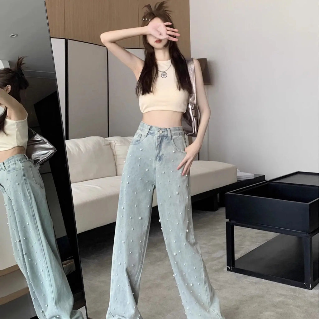 Jeans de mujer de cintura alta rectos azules con perlas bordadas, pantalones vaqueros de primavera otoño, diseño chic de ropa urbana, jeans holgados para mujer, ropa de mujer