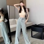 Jeans de mujer de cintura alta rectos azules con perlas bordadas, pantalones vaqueros de primavera otoño, diseño chic de ropa urbana, jeans holgados para mujer, ropa de mujer