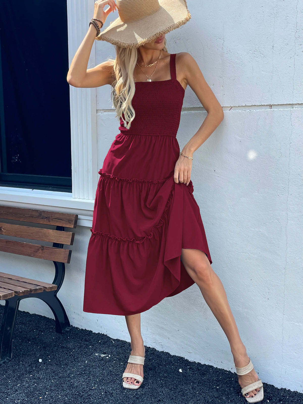 Vestido sin mangas fruncido en el busto y con dobladillo con volantes para mujer - Vestido de tirantes ajustado sexy de verano para fiestas y playa