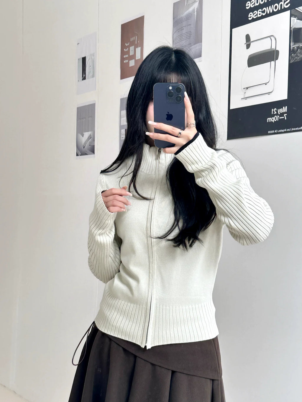 [REコンテナ]Chaqueta de punto con cremallera, cuello alto, color beige liso, estampado con letras bordadas, estilo dulce y atrevido, en stock