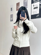 [REコンテナ]Chaqueta de punto con cremallera, cuello alto, color beige liso, estampado con letras bordadas, estilo dulce y atrevido, en stock