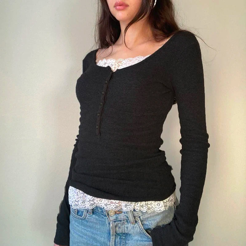 Camiseta retro grunge cottage de los 2000, punto acanalado de otoño, manga larga, corte entallado, estilo Y2K, hada, años 90, vintage, cuello de pico, crop tops para mujer