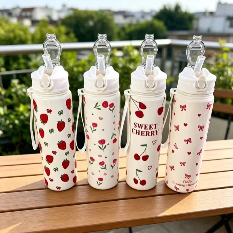 750ML Cute Strawberry Cherry Flower Bowknot Printed Tumbler