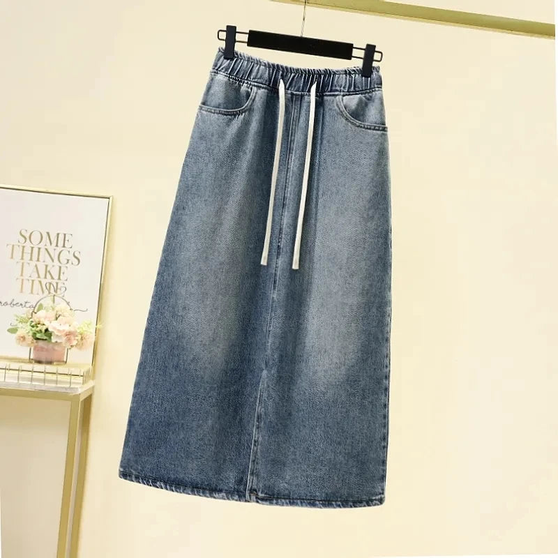 Primavera/Verano 2026Nueva falda vaquera con cordón en la cintura elástica y abertura, de talle alto, estilo retro y corte A informal para mujer