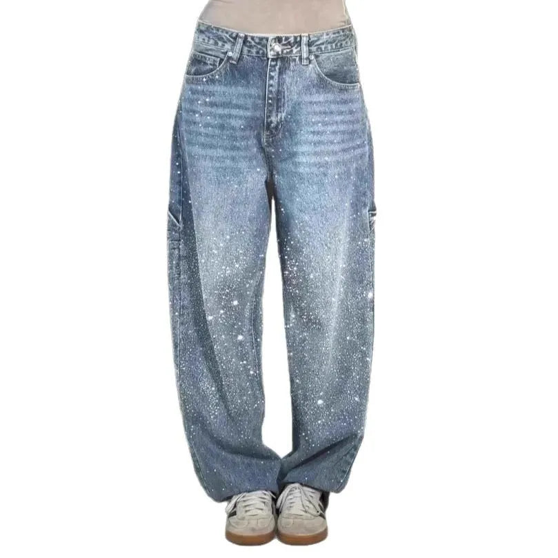 Pantalones vaqueros de mujer con estrellas bordadas y diamantes de imitación, estilo vintage informal de mezclilla con detalles brillantes