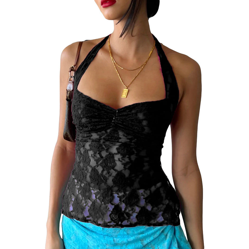 Camiseta sin mangas de encaje para mujer, unicolor, elegante, básica, de flores, tipo vaina, con abertura, sexy, ajustada, informal, de verano, con cuello en V, sin mangas, estilo urbano.
