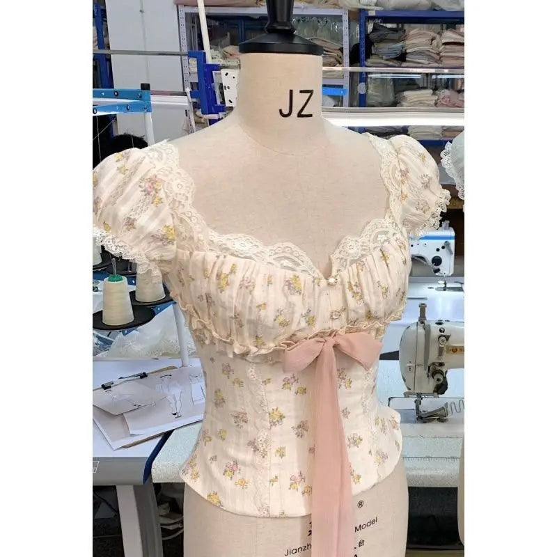 Lace Trim Floral Bow Tie Front Ruched Crop Top