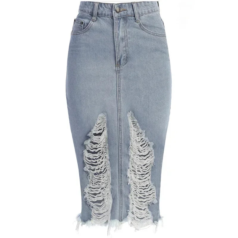 Distressed Denim Midi Skirt