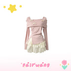 Conjunto de top de manga larga con lazo y falda de talle alto con vuelo