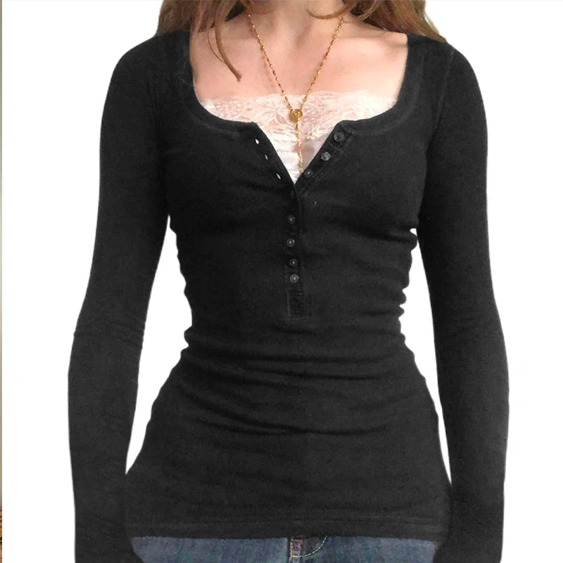 Camiseta retro grunge cottage de los 2000, punto acanalado de otoño, manga larga, corte entallado, estilo Y2K, hada, años 90, vintage, cuello de pico, crop tops para mujer