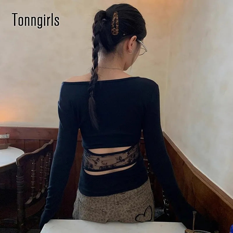 Lace Patchwork Cut-Out Long Sleeve Top