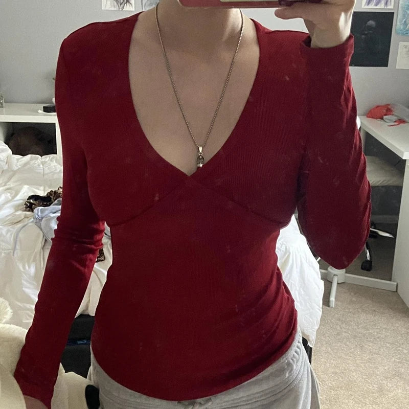Camiseta retro grunge cottage de los 2000, punto acanalado de otoño, manga larga, corte entallado, estilo Y2K, hada, años 90, vintage, cuello de pico, crop tops para mujer