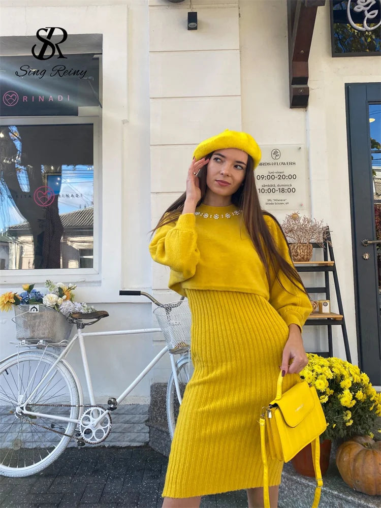 Long Sleeve Pearl Sweater + Knitted Camis Dress Set