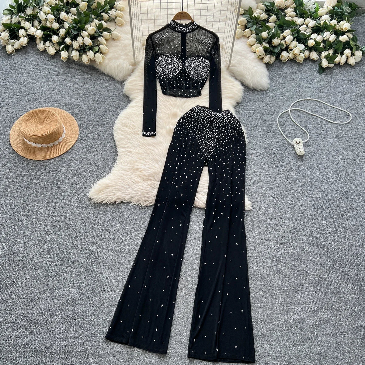 See Through Mesh Rhinestone Long Sleeve Slim Short Top High Waist Wide Leg Pants Sets