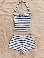 Conjunto de dos piezas de top halter y shorts de punto texturizado