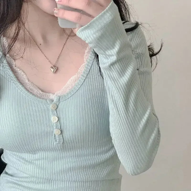 Long Sleeve Slim Lace Button Top