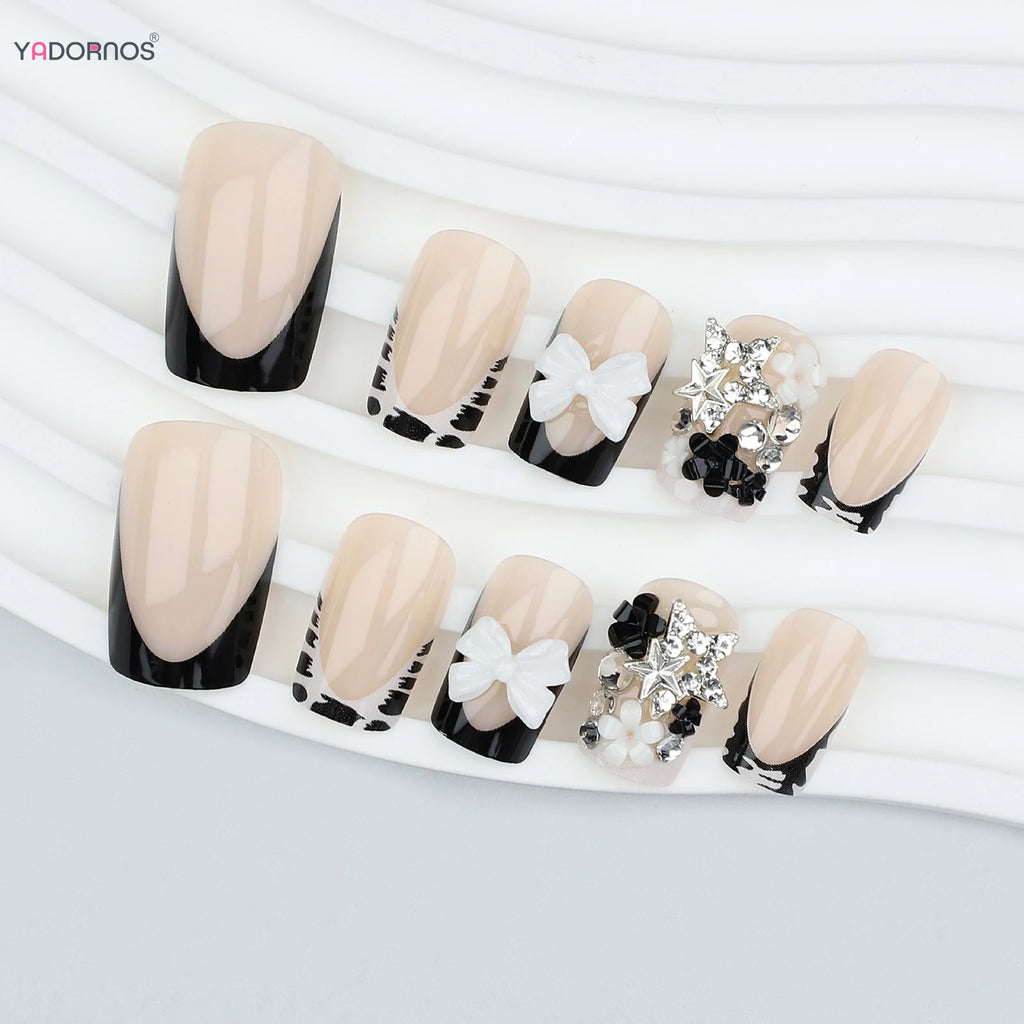 24Pcs Set French Style Black & White Tie Dye Polka Dot Press-On Nails