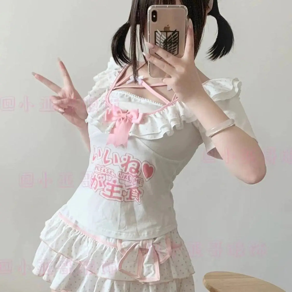 Harajuku Girls Lolita Mini Falda Y2K Mujer Estilo Japonés Lazo Faldas Plisadas Lindas Dulces Lunares Volantes Faldas con Capas Regalo