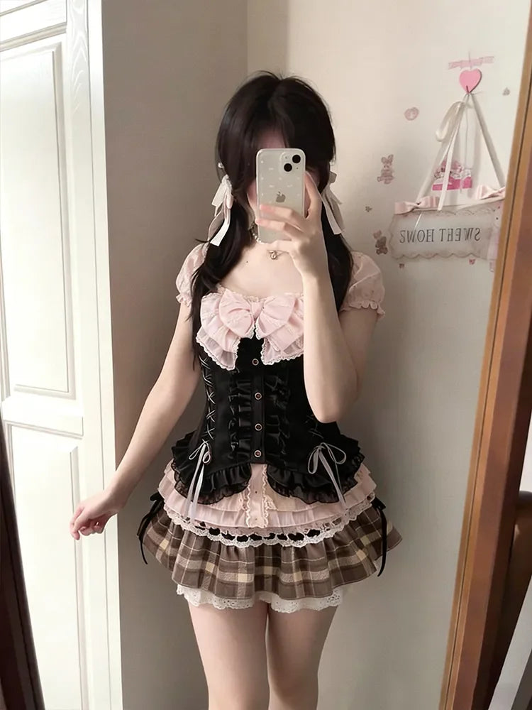 Lace Bow Blouse + Cami Top + Plaid Ruffle Mini Skirt Set