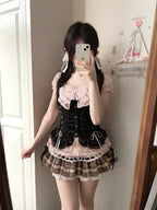 Lace Bow Blouse + Cami Top + Plaid Ruffle Mini Skirt Set