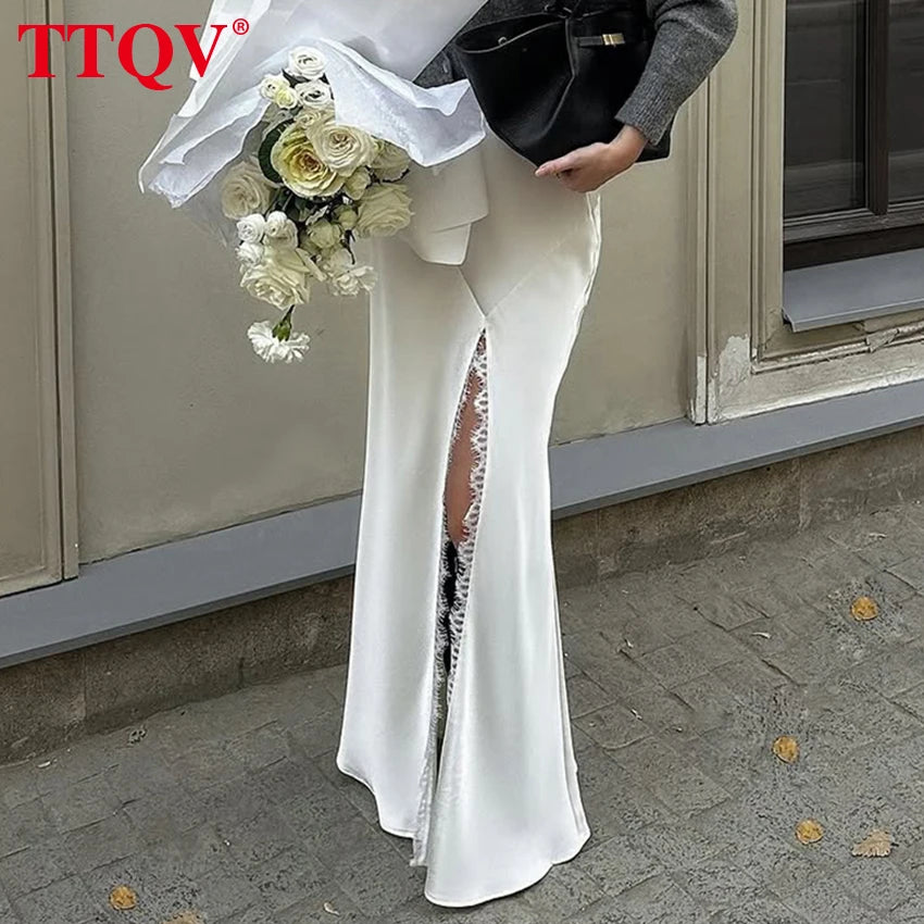Falda suelta de satén blanco para mujer TTQV Fashion 2026, falda larga sexy de cintura alta, falda clásica elegante con abertura, ropa de mujer