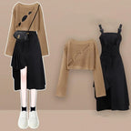 Hollow Long Sleeve Top + Denim Strap Skirt Set